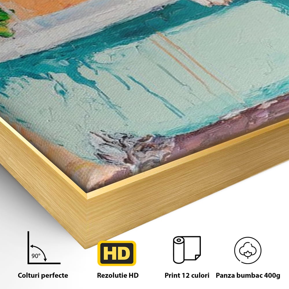 Detaliu al suprafetei: tablou canvas cu bulldog in cada, in rama de aluminiu auriu